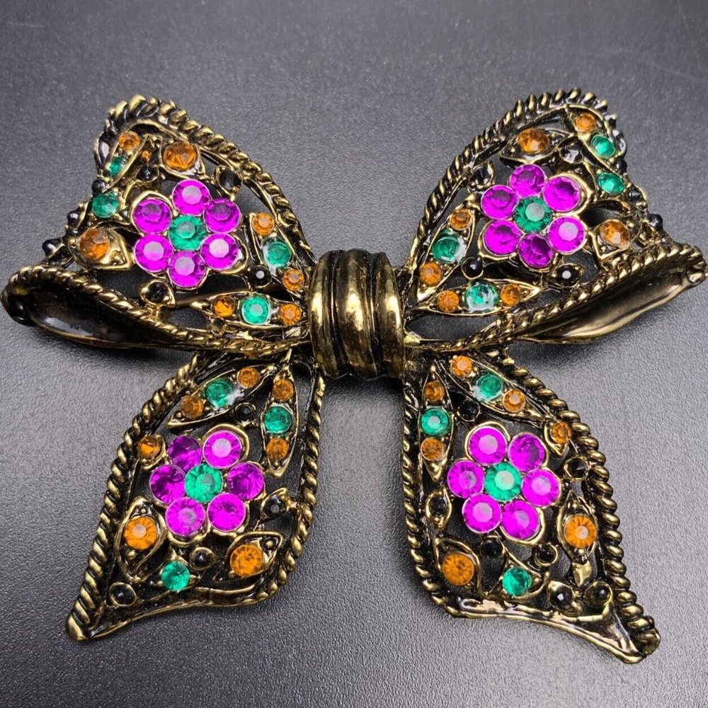 Rhinestone Bow Brooch Pin Purple Flower Green Gold Tone Classic Large Big